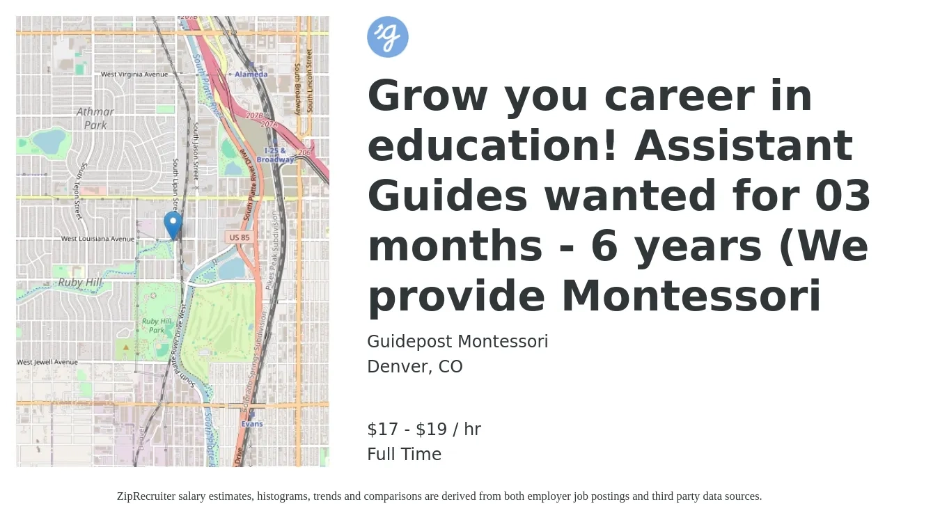 Guidepost Montessori job posting for a Grow you career in education! Assistant Guides wanted for 03 months - 6 years (We provide Montessori in Denver, CO with a salary of $18 to $20 Hourly with a map of Denver location.