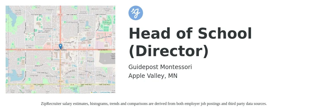 Guidepost Montessori job posting for a Head of School (Director) in Apple Valley, MN with a salary of $55,400 to $99,100 Yearly with a map of Apple Valley location.