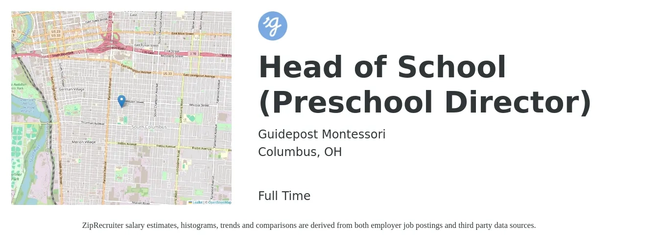 Guidepost Montessori job posting for a Head of School (Preschool Director) in Columbus, OH with a salary of $52,200 to $93,200 Yearly with a map of Columbus location.