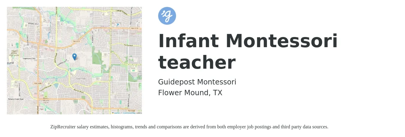 Guidepost Montessori job posting for a Infant Montessori teacher in Flower Mound, TX with a salary of $13 to $16 Hourly with a map of Flower Mound location.