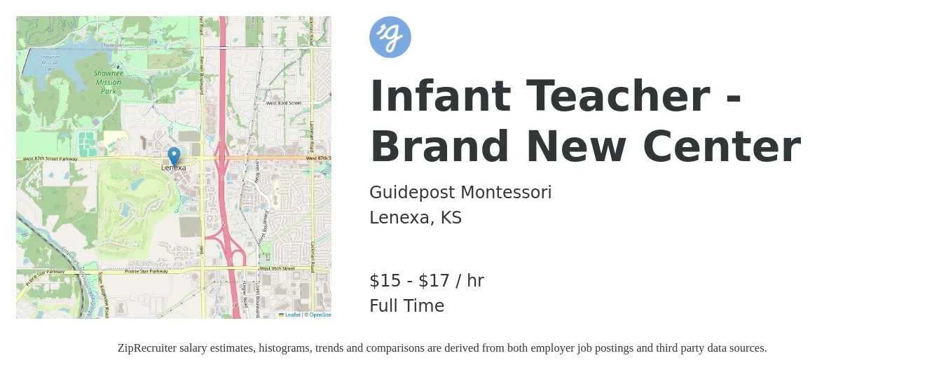 Guidepost Montessori job posting for a Infant Teacher - Brand New Center in Lenexa, KS with a salary of $16 to $18 Hourly with a map of Lenexa location.