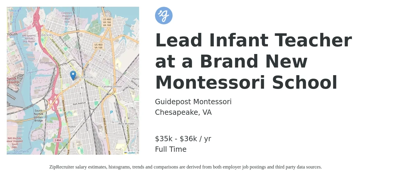 Guidepost Montessori job posting for a Lead Infant Teacher at a Brand New Montessori School in Chesapeake, VA with a salary of $35,500 to $36,500 Yearly with a map of Chesapeake location.