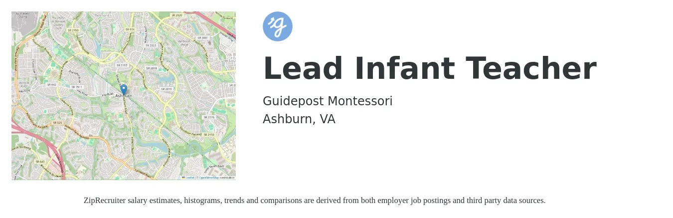 Guidepost Montessori job posting for a Lead Infant Teacher in Ashburn, VA with a salary of $16 to $20 Hourly with a map of Ashburn location.