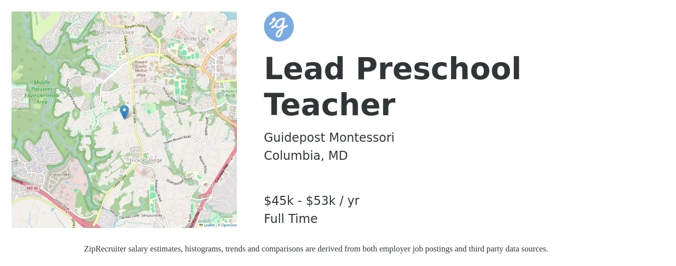 Guidepost Montessori job posting for a Lead Preschool Teacher in Columbia, MD with a salary of $45,000 to $53,000 Yearly with a map of Columbia location.