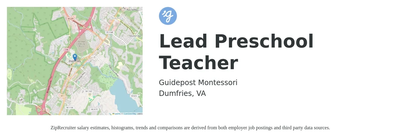 Guidepost Montessori job posting for a Lead Preschool Teacher in Dumfries, VA with a salary of $16 to $20 Hourly with a map of Dumfries location.
