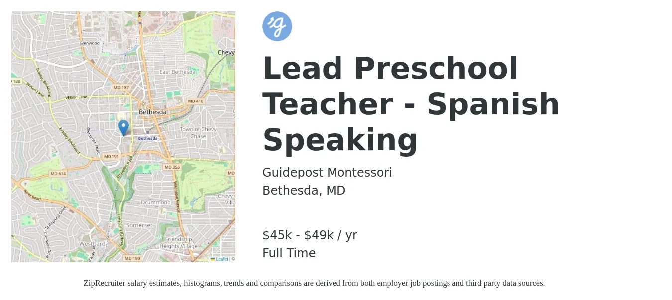 Guidepost Montessori job posting for a Lead Preschool Teacher - Spanish Speaking in Bethesda, MD with a salary of $45,000 to $49,000 Yearly with a map of Bethesda location.