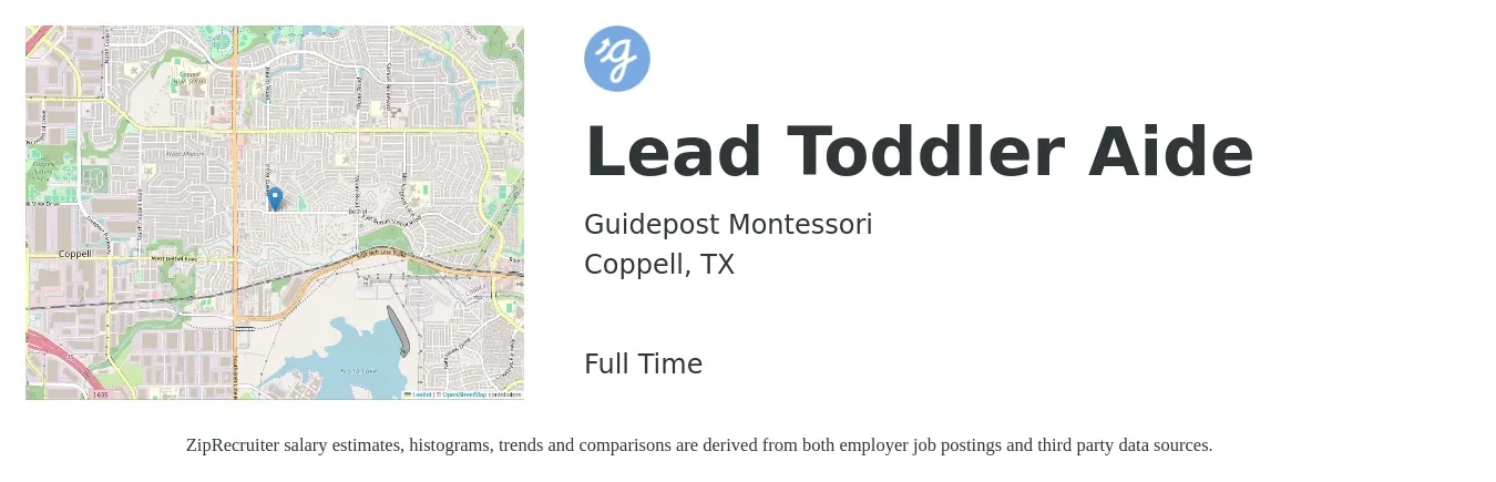 Guidepost Montessori job posting for a Lead Toddler Aide in Coppell, TX with a salary of $14 to $17 Hourly with a map of Coppell location.