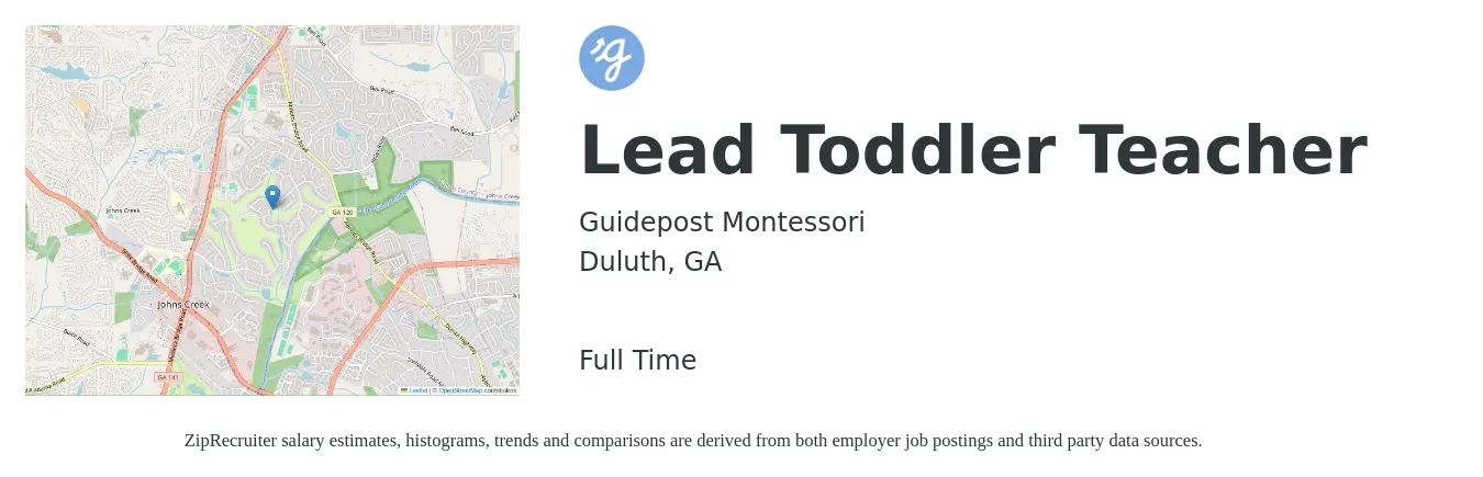 Guidepost Montessori job posting for a Lead Toddler Teacher in Duluth, GA with a salary of $14 to $17 Hourly with a map of Duluth location.