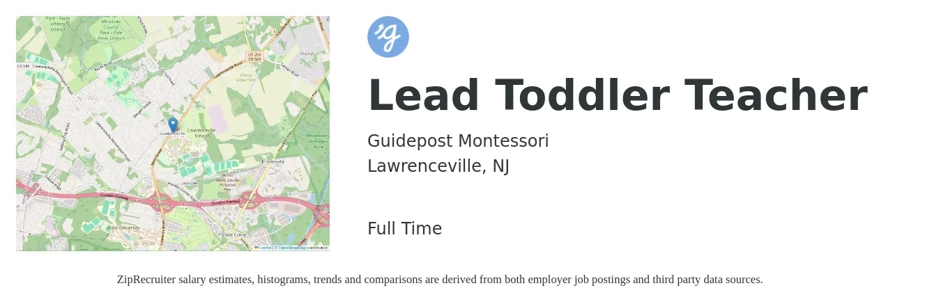Guidepost Montessori job posting for a Lead Toddler Teacher in Lawrenceville, NJ with a salary of $16 to $20 Hourly with a map of Lawrenceville location.