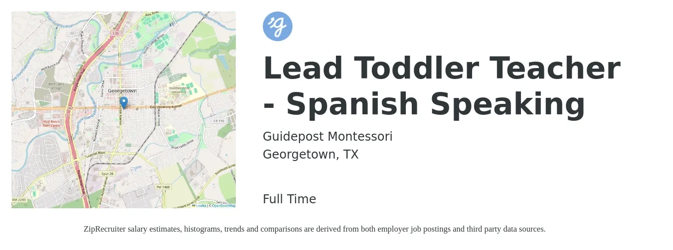 Guidepost Montessori job posting for a Lead Toddler Teacher - Spanish Speaking in Georgetown, TX with a salary of $14 to $18 Hourly with a map of Georgetown location.