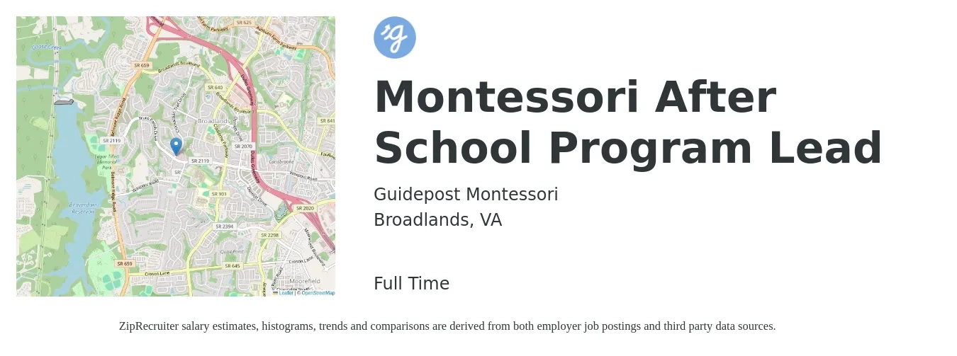 Guidepost Montessori job posting for a Montessori After School Program Lead in Broadlands, VA with a salary of $19 to $28 Hourly with a map of Broadlands location.