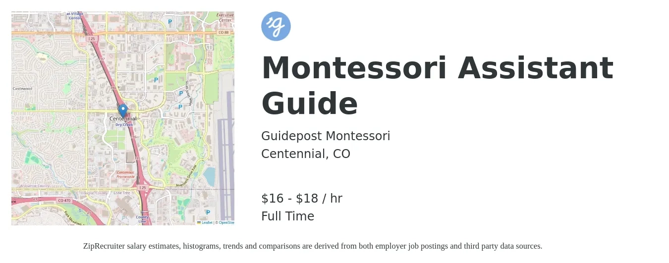 Guidepost Montessori job posting for a Montessori Assistant Guide in Centennial, CO with a salary of $17 to $19 Hourly with a map of Centennial location.