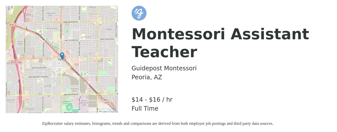 Guidepost Montessori job posting for a Montessori Assistant Teacher in Peoria, AZ with a salary of $15 to $18 Hourly with a map of Peoria location.