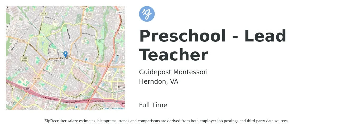 Guidepost Montessori job posting for a Preschool - Lead Teacher in Herndon, VA with a salary of $16 to $21 Hourly with a map of Herndon location.