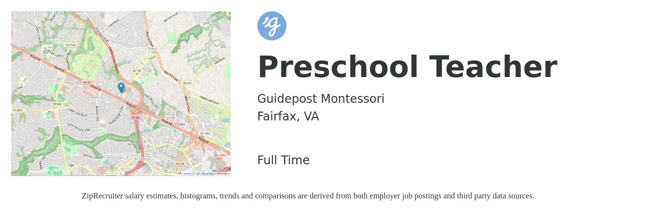 Guidepost Montessori job posting for a Preschool Teacher in Fairfax, VA with a salary of $15 to $20 Hourly with a map of Fairfax location.