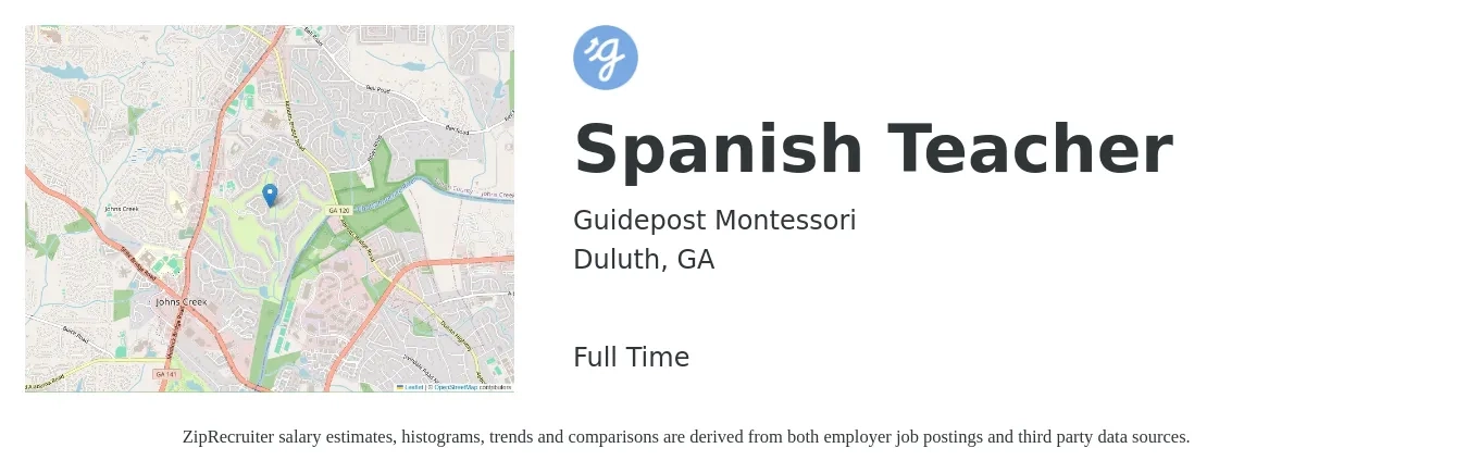 Guidepost Montessori job posting for a Spanish Teacher in Duluth, GA with a salary of $41,400 to $58,400 Yearly with a map of Duluth location.