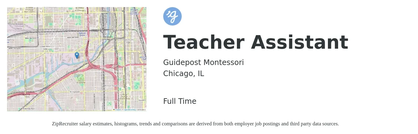 Guidepost Montessori job posting for a Teacher Assistant in Chicago, IL with a salary of $14 to $18 Hourly with a map of Chicago location.