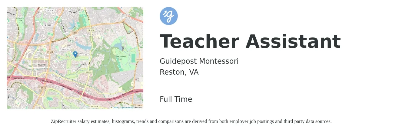 Guidepost Montessori job posting for a Teacher Assistant in Reston, VA with a salary of $14 to $18 Hourly with a map of Reston location.