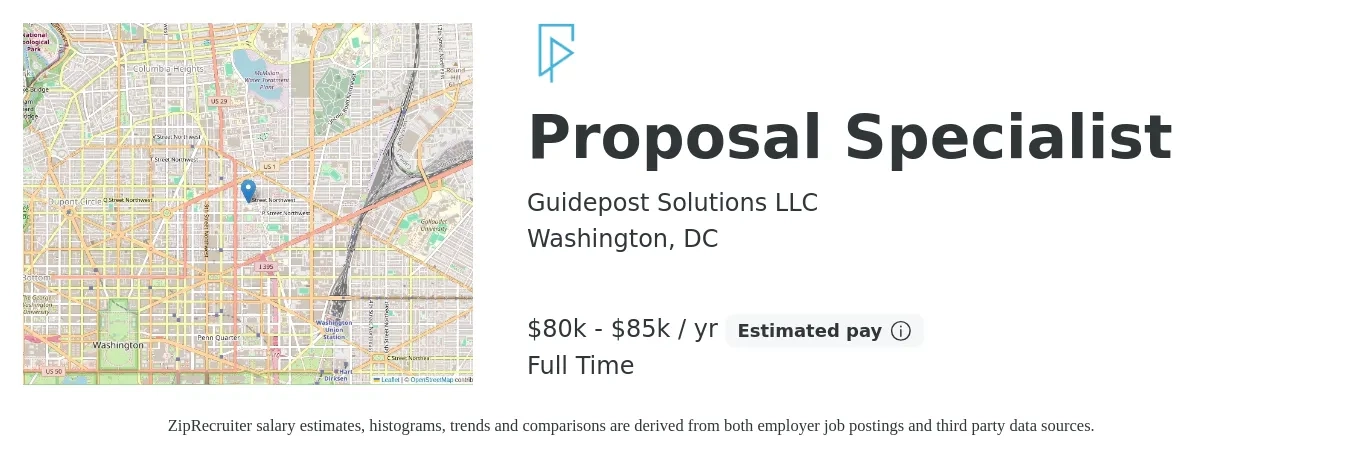 Guidepost Solutions LLC job posting for a Proposal Specialist in Washington, DC with a salary of $80,000 to $85,000 Yearly with a map of Washington location.