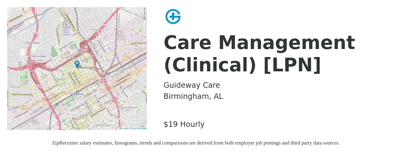 Guideway Care job posting for a Care Management (Clinical) [LPN] in Birmingham, AL with a salary of $20 Hourly with a map of Birmingham location.