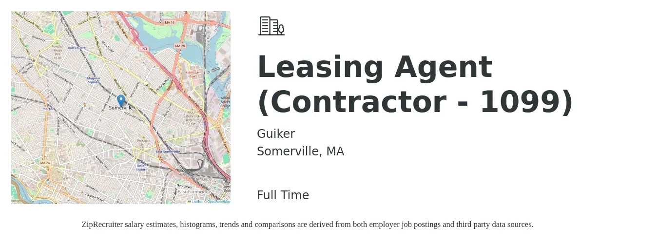 Guiker job posting for a Leasing Agent (Contractor - 1099) in Somerville, MA with a salary of $18 to $22 Hourly with a map of Somerville location.