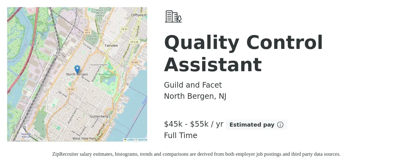 Guild and Facet job posting for a Quality Control Assistant in North Bergen, NJ with a salary of $45,000 to $55,000 Yearly with a map of North Bergen location.