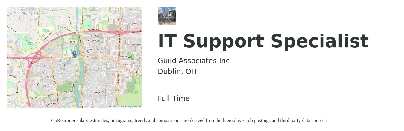 Guild Associates Inc job posting for a IT Support Specialist in Dublin, OH with a salary of $43,900 to $88,800 Yearly with a map of Dublin location.