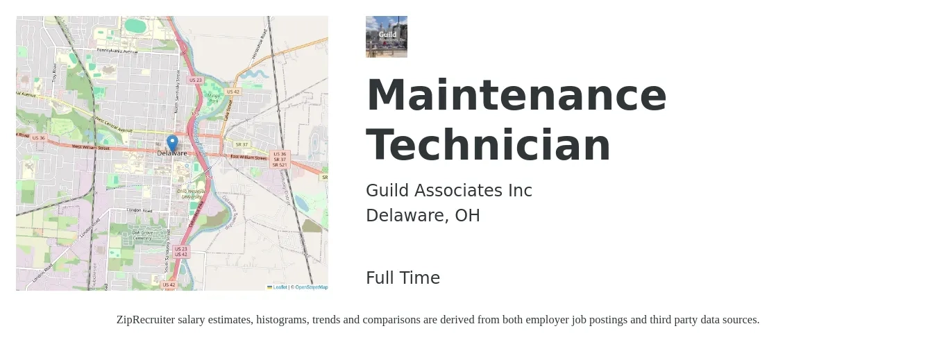 Guild Associates Inc job posting for a Maintenance Technician in Delaware, OH with a salary of $18 to $26 Hourly with a map of Delaware location.