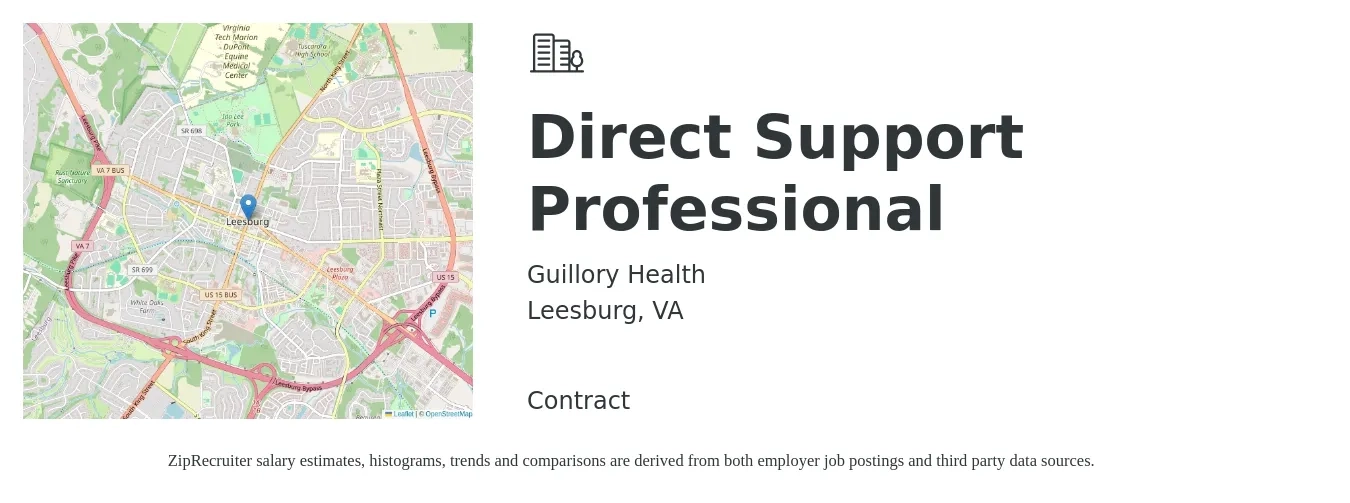 Guillory Health job posting for a Direct Support Professional in Leesburg, VA with a salary of $17 to $20 Hourly with a map of Leesburg location.