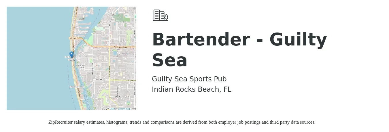 Guilty Sea Sports Pub job posting for a Bartender - Guilty Sea in Indian Rocks Beach, FL with a salary of $9 Hourly with a map of Indian Rocks Beach location.