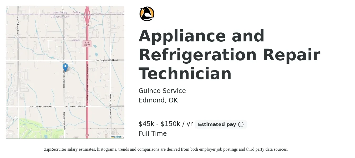Guinco Service job posting for a Appliance and Refrigeration Repair Technician in Edmond, OK with a salary of $45,000 to $140,000 Yearly with a map of Edmond location.