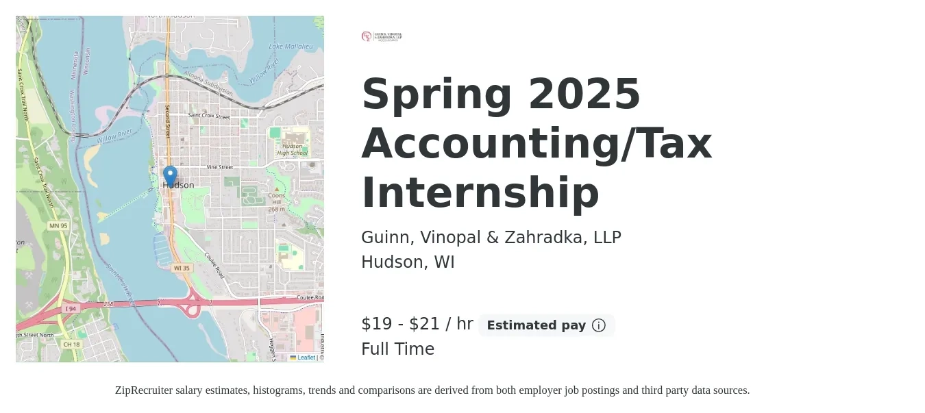 Guinn, Vinopal & Zahradka, LLP job posting for a Spring 2025 Accounting/Tax Internship in Hudson, WI with a salary of $18 to $26 Hourly with a map of Hudson location.