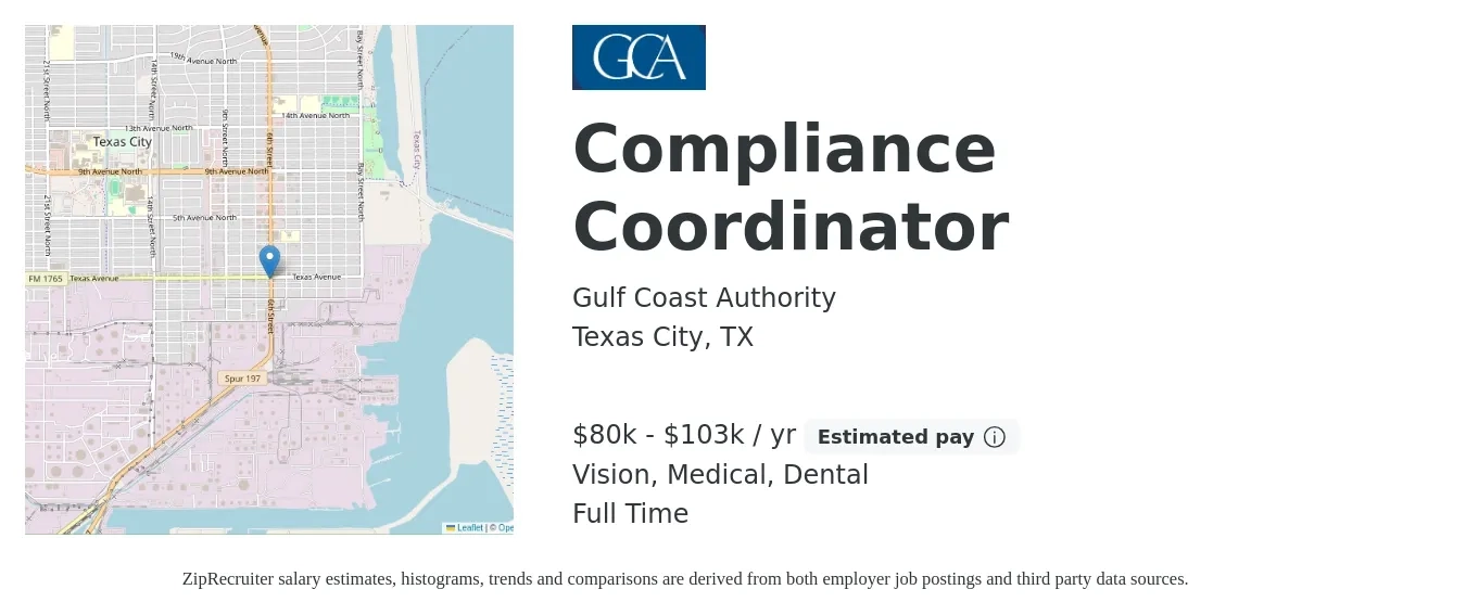 Gulf Coast Authority job posting for a Compliance Coordinator in Texas City, TX with a salary of $80,433 to $103,584 Yearly and benefits including dental, life_insurance, medical, pto, retirement, and vision with a map of Texas City location.