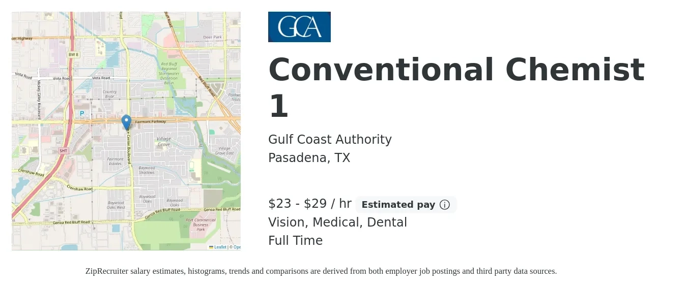 Gulf Coast Authority job posting for a Conventional Chemist 1 in Pasadena, TX with a salary of $24 to $31 Hourly and benefits including retirement, vision, dental, life_insurance, medical, and pto with a map of Pasadena location.