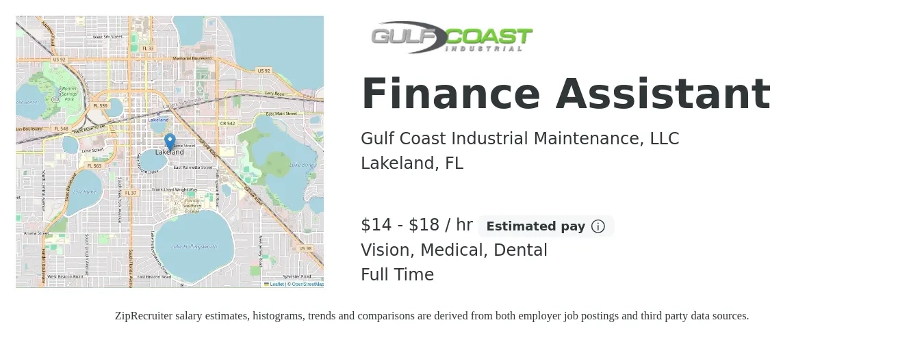 Gulf Coast Industrial Maintenance, LLC job posting for a Finance Assistant in Lakeland, FL with a salary of $15 to $19 Hourly and benefits including dental, medical, retirement, and vision with a map of Lakeland location.