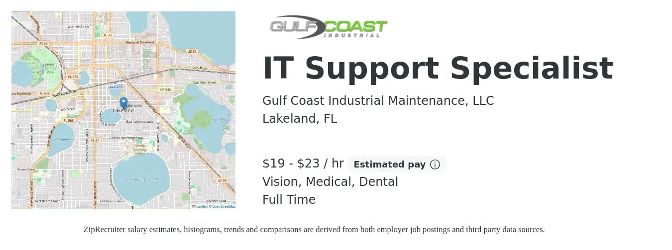 Gulf Coast Industrial Maintenance, LLC job posting for a IT Support Specialist in Lakeland, FL with a salary of $20 to $24 Hourly and benefits including dental, medical, retirement, and vision with a map of Lakeland location.