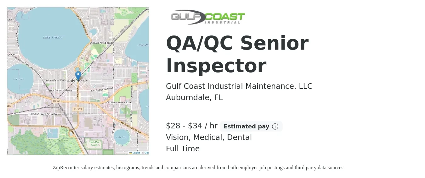 Gulf Coast Industrial Maintenance, LLC job posting for a QA/QC Senior Inspector in Auburndale, FL with a salary of $30 to $36 Hourly and benefits including dental, life_insurance, medical, pto, retirement, and vision with a map of Auburndale location.