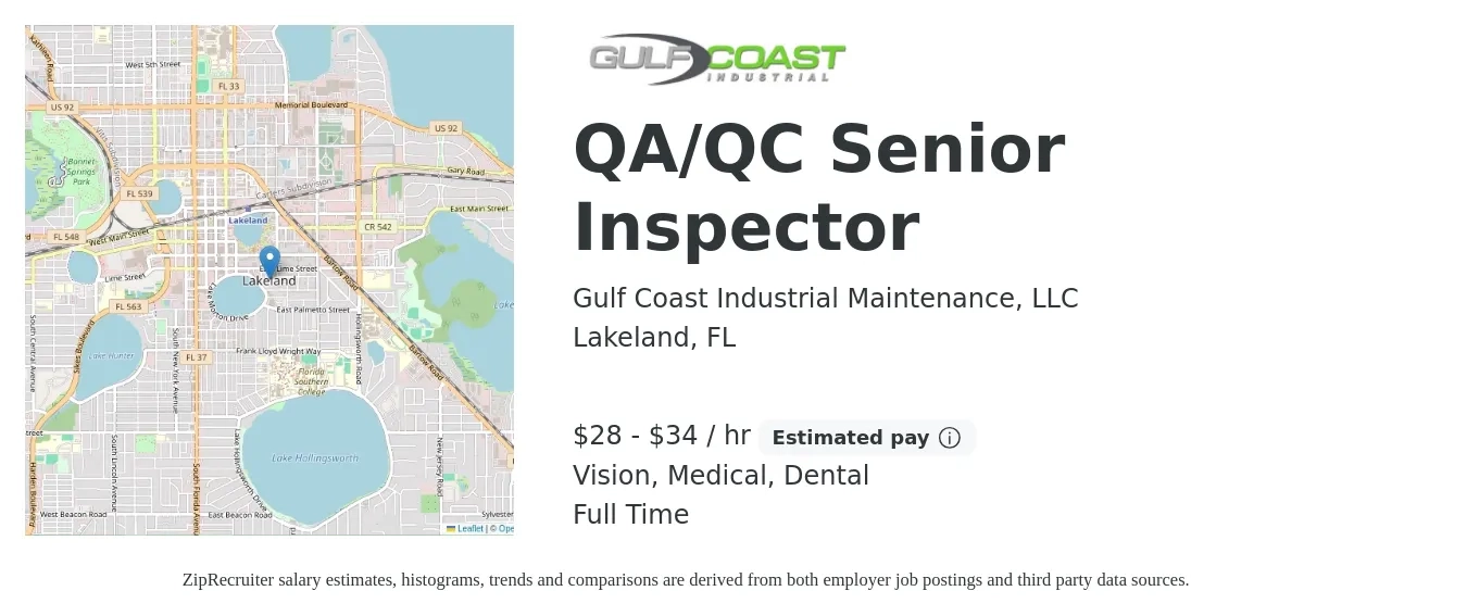 Gulf Coast Industrial Maintenance, LLC job posting for a QA/QC Senior Inspector in Lakeland, FL with a salary of $30 to $36 Hourly and benefits including medical, retirement, vision, and dental with a map of Lakeland location.