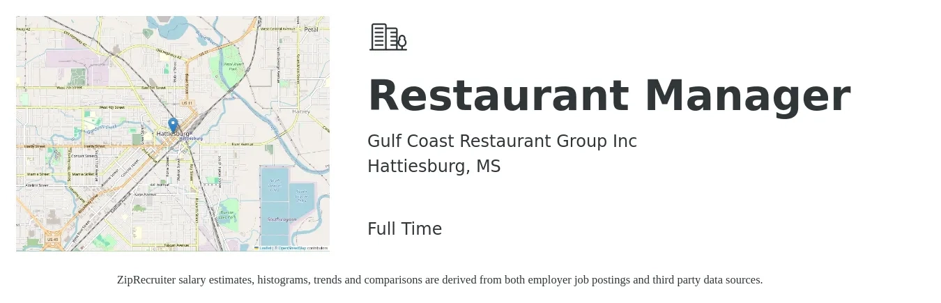 Gulf Coast Restaurant Group Inc job posting for a Restaurant Manager in Hattiesburg, MS with a salary of $44,600 to $62,900 Yearly with a map of Hattiesburg location.