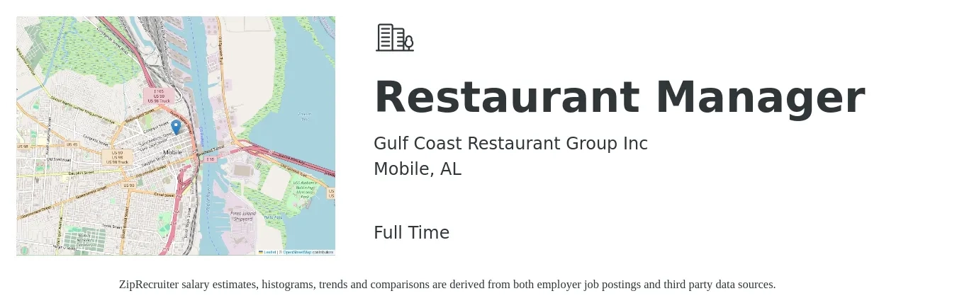Gulf Coast Restaurant Group Inc job posting for a Restaurant Manager in Mobile, AL with a salary of $44,700 to $63,000 Yearly with a map of Mobile location.