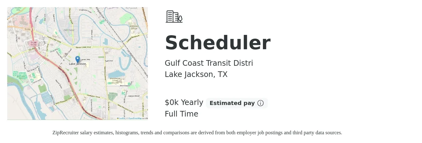 Gulf Coast Transit Distri job posting for a Scheduler in Lake Jackson, TX with a salary of $15 to $16 Yearly with a map of Lake Jackson location.
