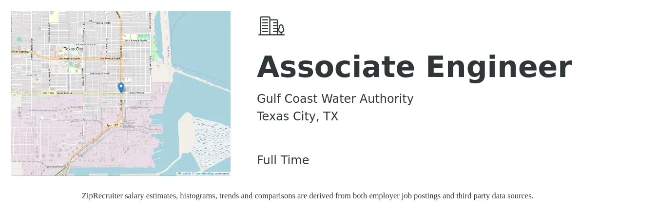 Gulf Coast Water Authority job posting for a Associate Engineer in Texas City, TX with a salary of $78,000 to $132,000 Yearly with a map of Texas City location.