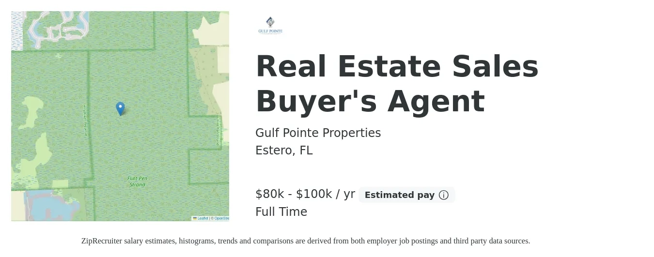 Gulf Pointe Properties job posting for a Real Estate Sales Buyer'S Agent in Estero, FL with a salary of $100,500 Yearly with a map of Estero location.