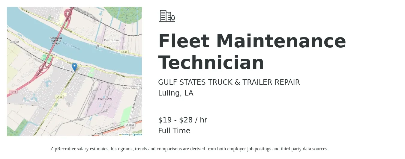 GULF STATES TRUCK & TRAILER REPAIR job posting for a Fleet Maintenance Technician in Luling, LA with a salary of $20 to $30 Hourly with a map of Luling location.
