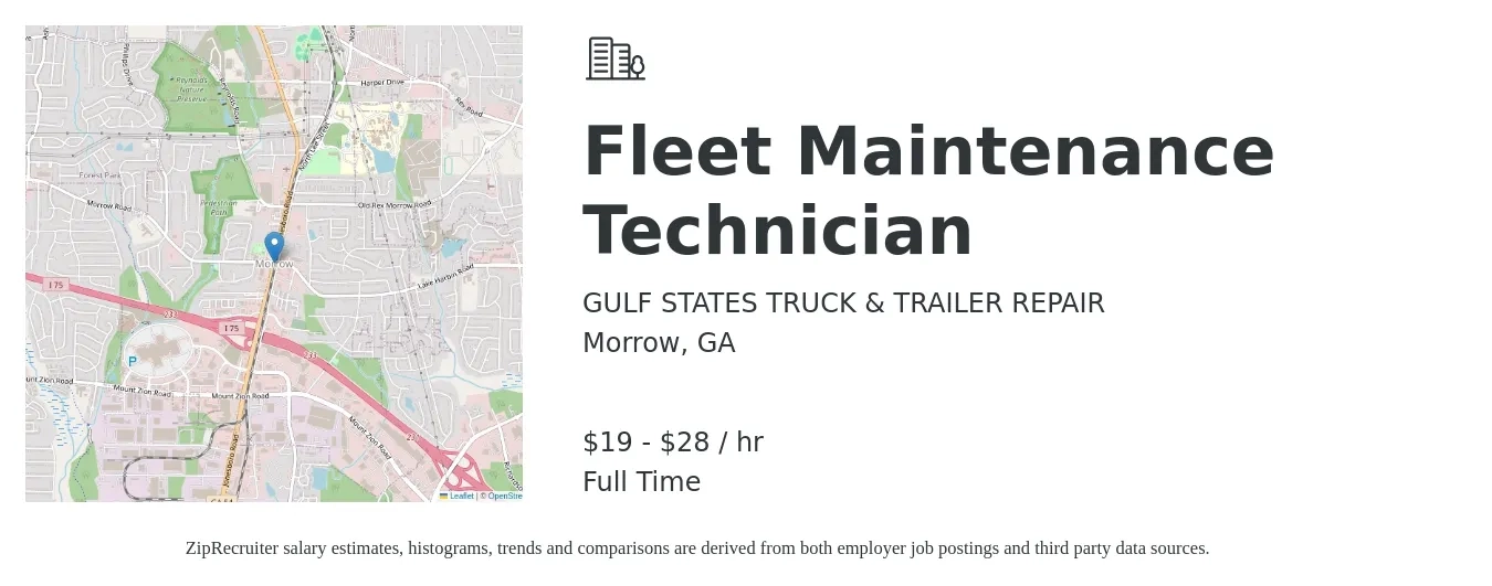 GULF STATES TRUCK & TRAILER REPAIR job posting for a Fleet Maintenance Technician in Morrow, GA with a salary of $20 to $30 Hourly with a map of Morrow location.