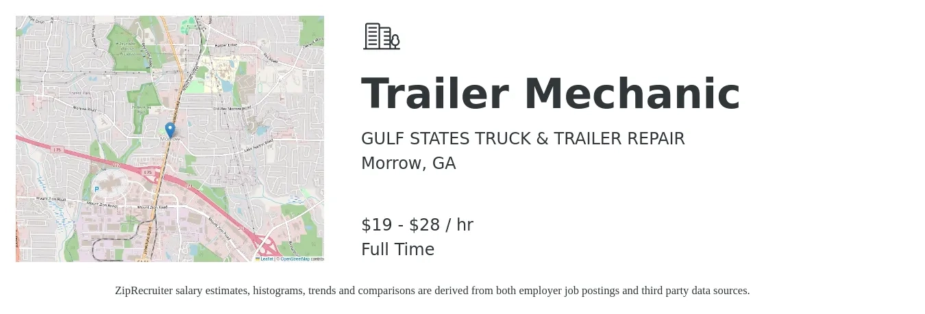 GULF STATES TRUCK & TRAILER REPAIR job posting for a Trailer Mechanic in Morrow, GA with a salary of $20 to $30 Hourly with a map of Morrow location.