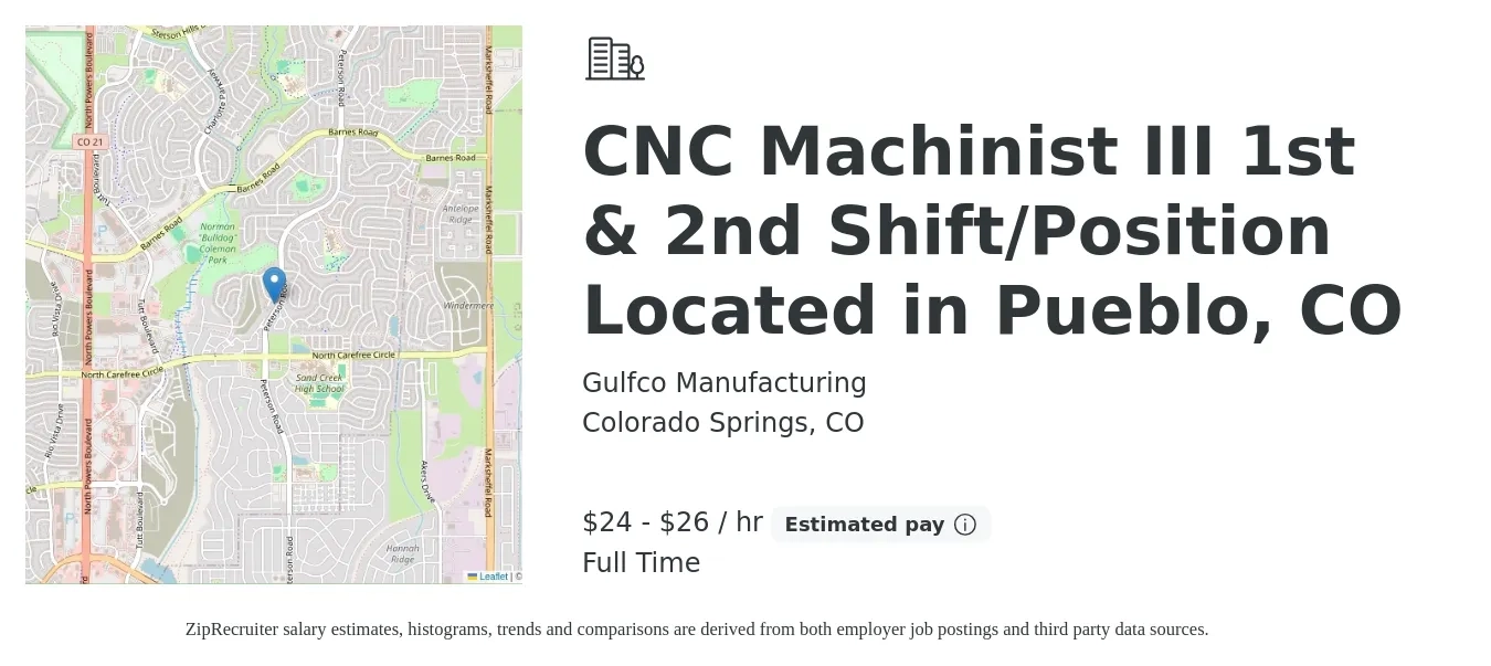 Gulfco Manufacturing job posting for a CNC Machinist III 1st & 2nd Shift/Position Located in Pueblo, CO in Colorado Springs, CO with a salary of $25 to $28 Hourly with a map of Colorado Springs location.