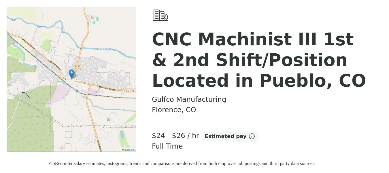 Gulfco Manufacturing job posting for a CNC Machinist III 1st & 2nd Shift/Position Located in Pueblo, CO in Florence, CO with a salary of $25 to $28 Hourly with a map of Florence location.