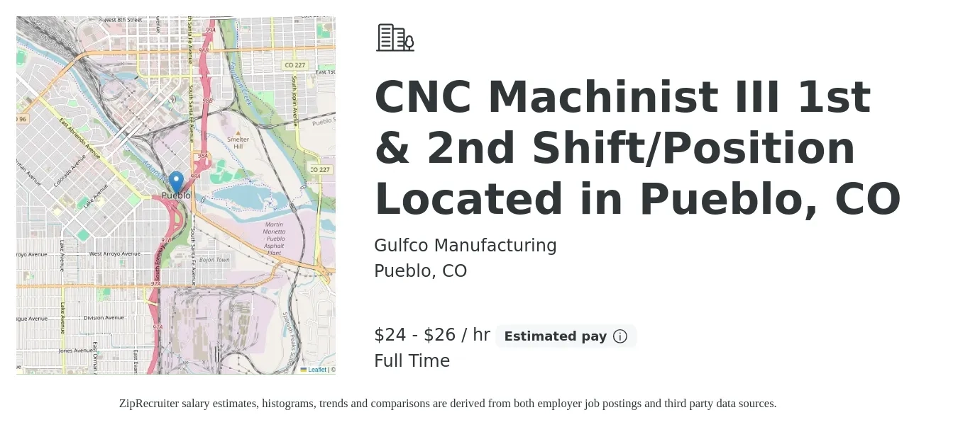 Gulfco Manufacturing job posting for a CNC Machinist III 1st & 2nd Shift/Position Located in Pueblo, CO in Pueblo, CO with a salary of $25 to $28 Hourly with a map of Pueblo location.