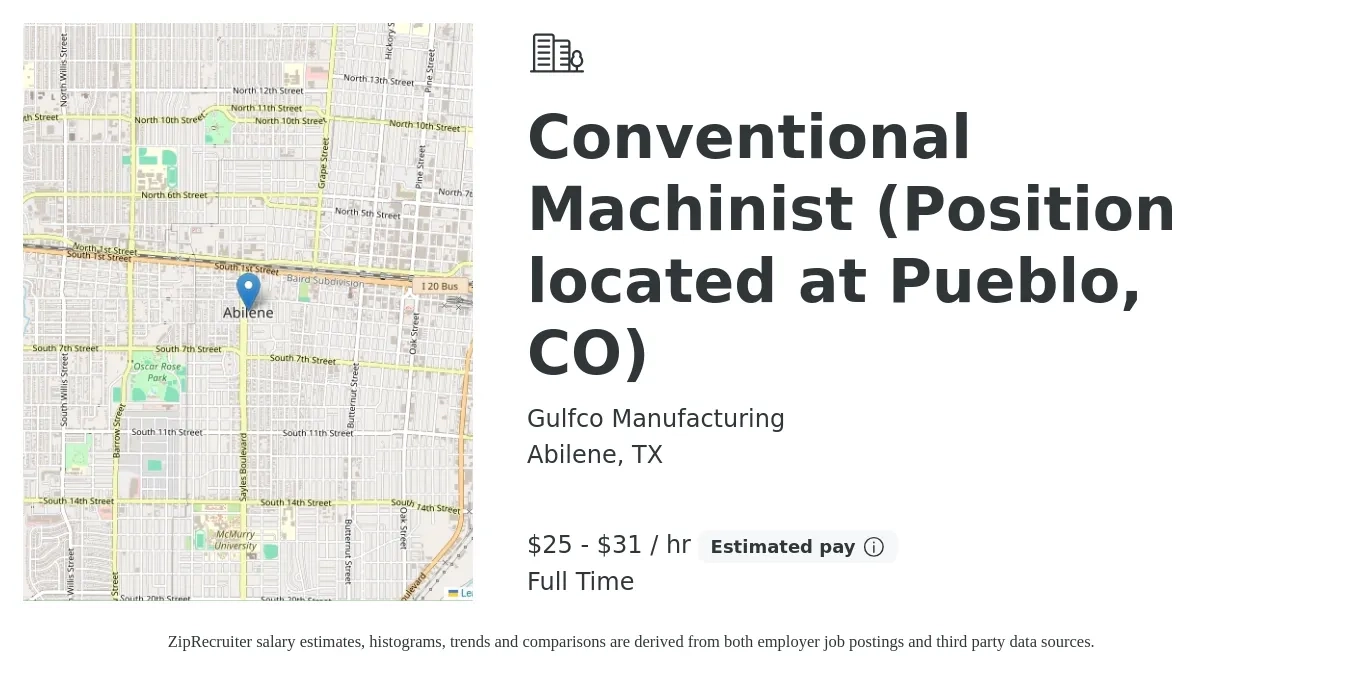 Gulfco Manufacturing job posting for a Conventional Machinist (Position located at Pueblo, CO) in Abilene, TX with a salary of $26 to $33 Hourly with a map of Abilene location.